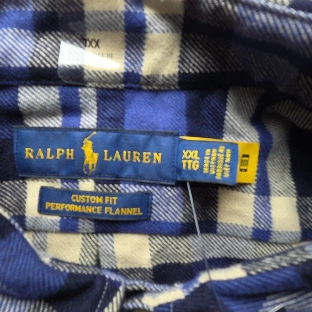 Polo Ralph Lauren Performance Flannel Mens XXL Blue Plaid Custom Fit Shirt